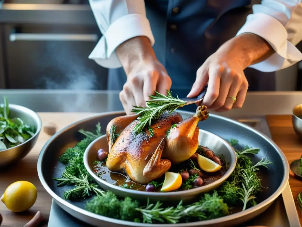 Un chef francés usa hierbas para sazonar un coq au vin, creando una explosión de sabor y aroma