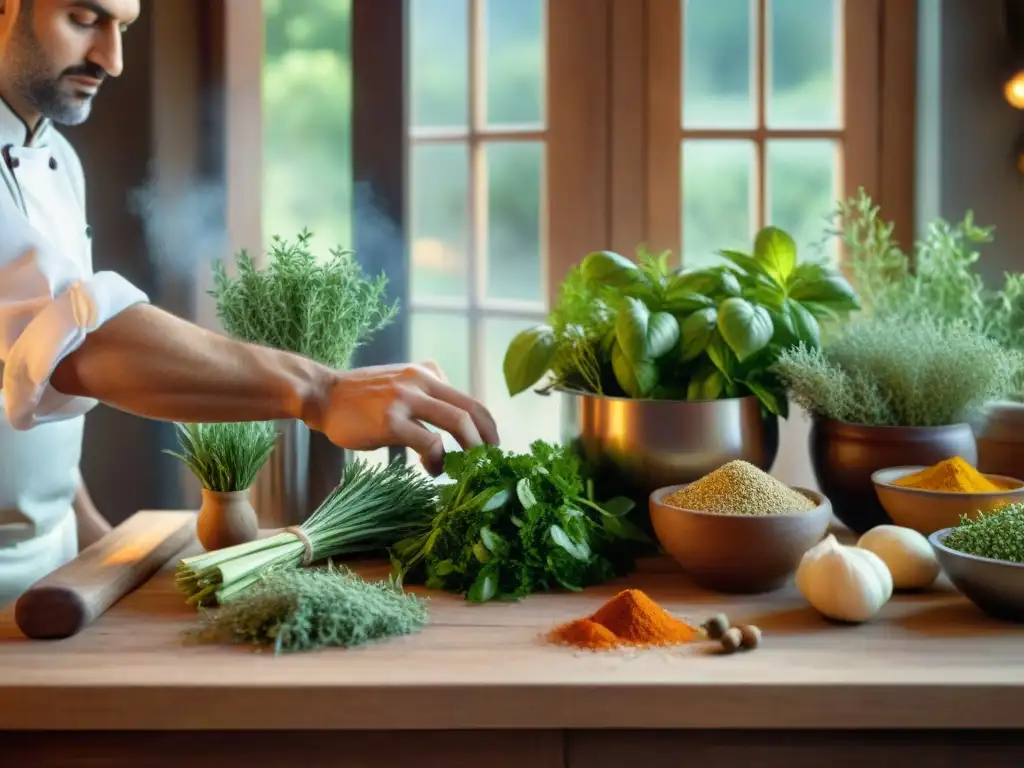 Un chef francés selecciona hierbas y especias francesas saludables en una cocina tradicional, creando una obra maestra culinaria