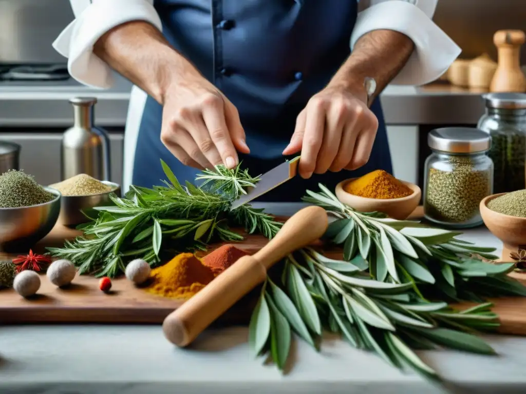 Un chef francés selecciona hierbas y especias para un plato, destacando precisión y expertise culinario