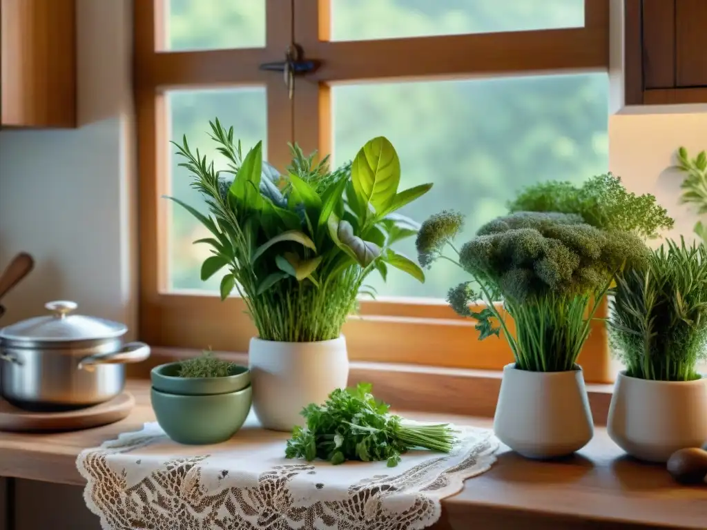 Un chef elige hierbas frescas en una cocina francesa, con luz suave y colores vibrantes