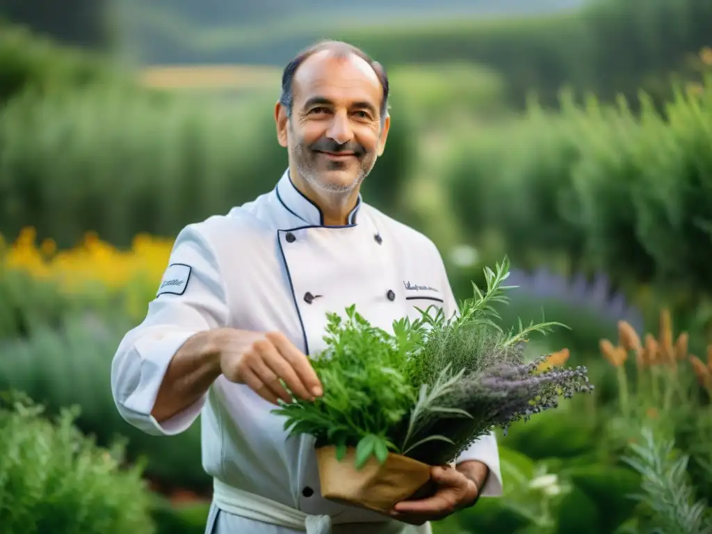 El célebre chef francés Marc Veyrat en un jardín de hierbas silvestres, conectando con la naturaleza que inspira su cocina francesa