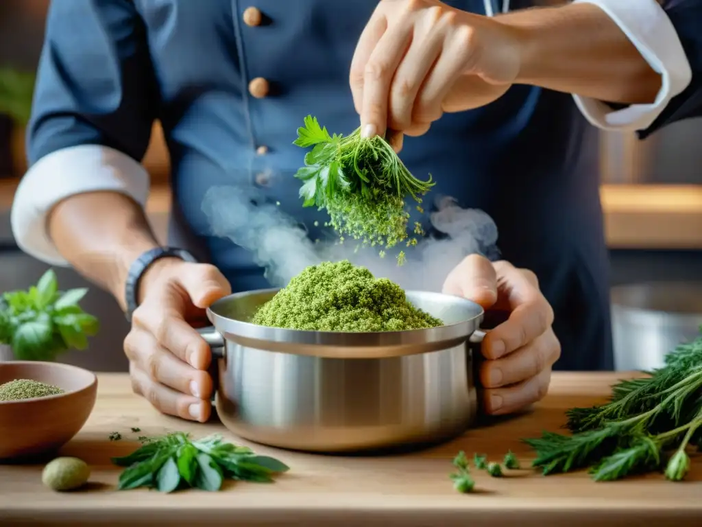 Un chef esparciendo hierbas olvidadas en una olla burbujeante, creando recetas con hierbas olvidadas en una cocina tradicional francesa