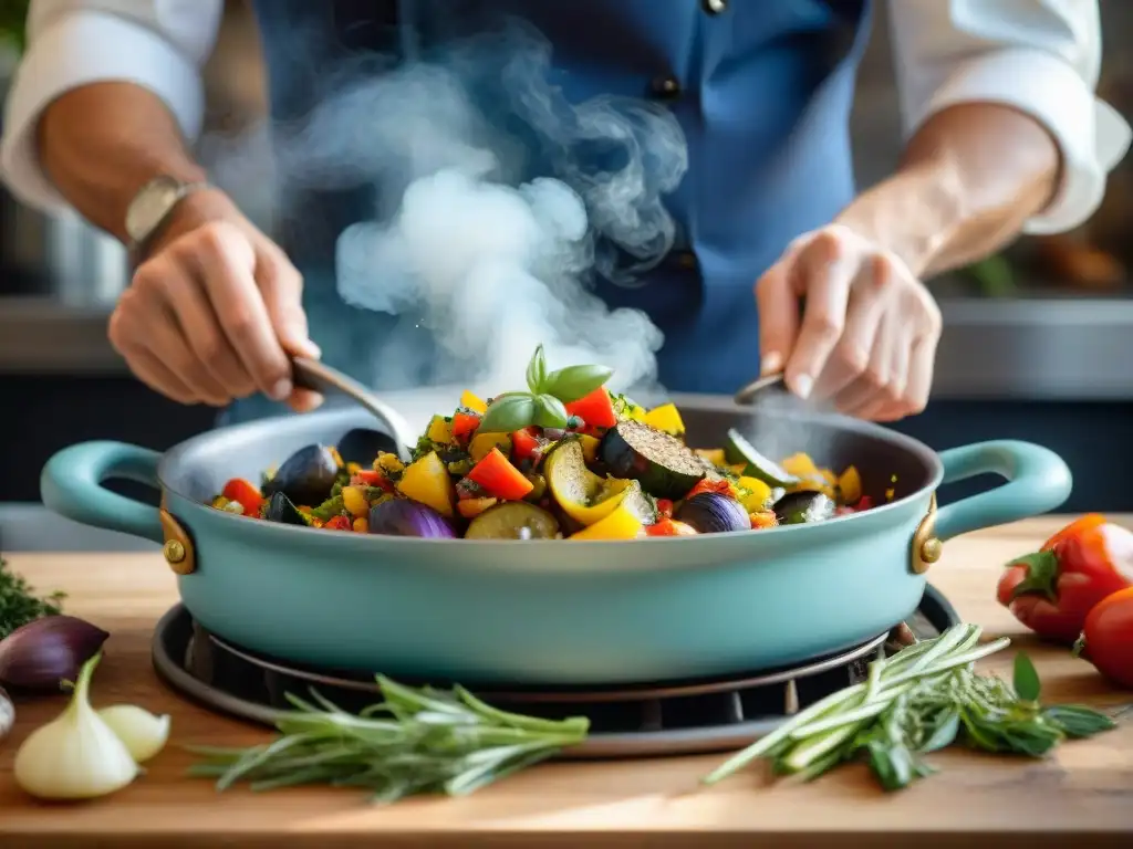 Un chef esparciendo Hierbas de Provenza sobre un ratatouille en una cocina rústica francesa