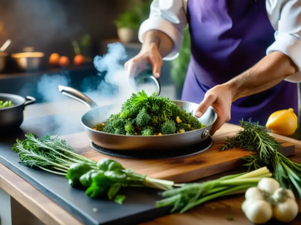 Chef experto sazona con hierbas provenzales en cocina rústica Un chef esparciendo hierbas provenzales sobre vegetales en una sartén