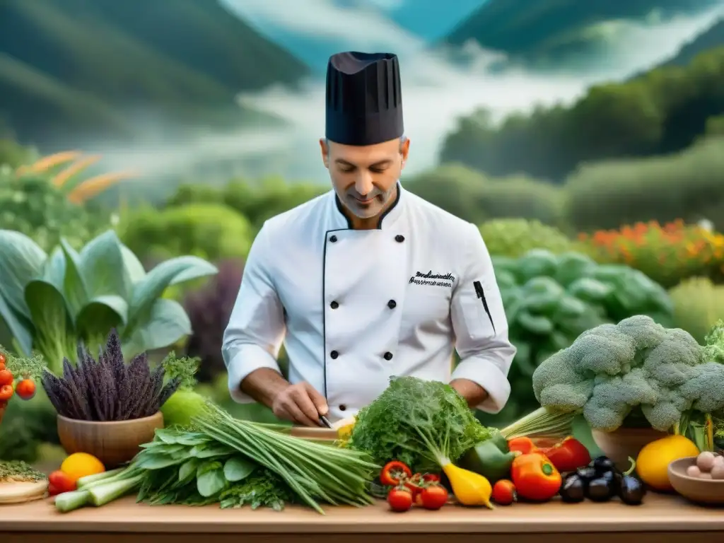 Chef Marc Veyrat en su jardín botánico, inspeccionando hierbas y vegetales para su cocina botánica innovadora en Francia