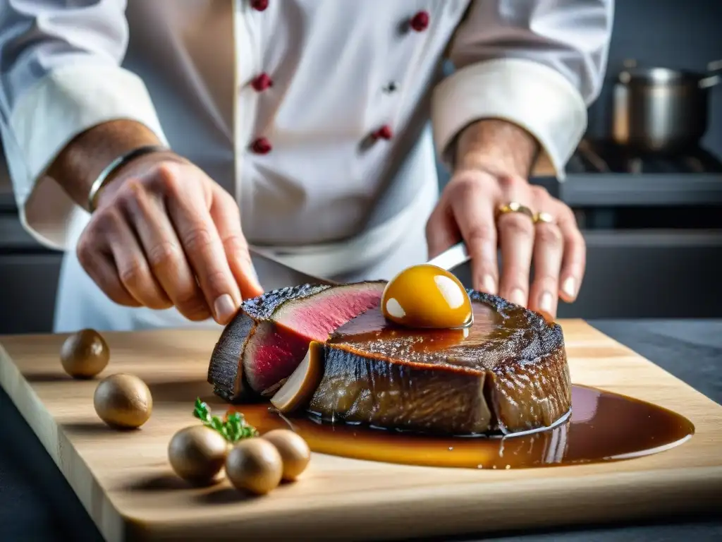 Chef examinando cuidadosamente un hígado fresco de foie gras, destacando las técnicas avanzadas de preparación