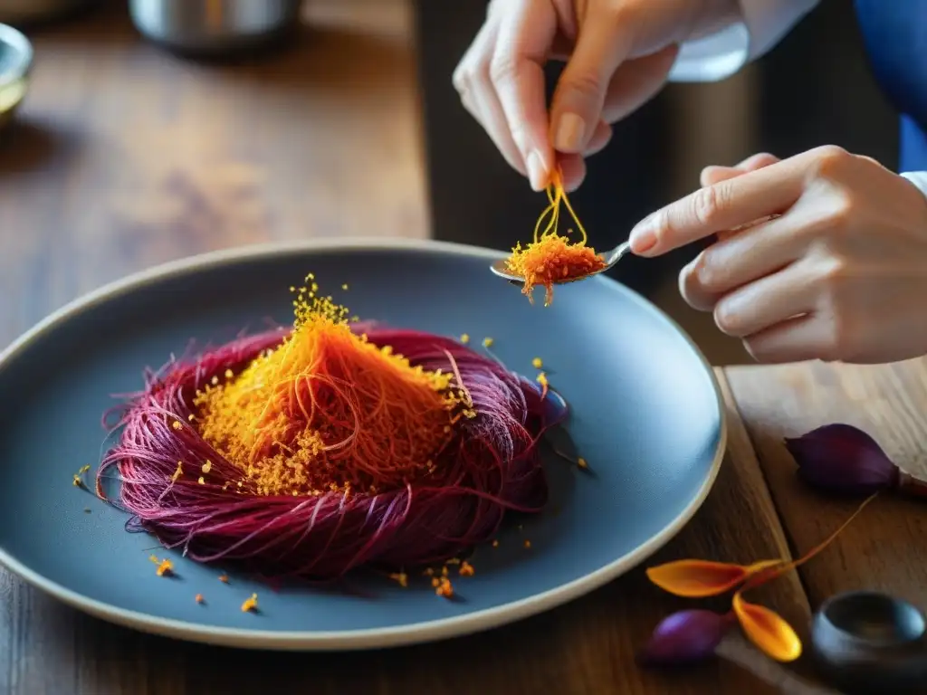 Un chef esparciendo hilos de azafrán rojo en un plato francés tradicional en una cocina rústica de madera