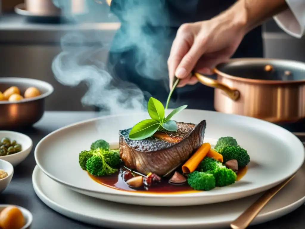 Un chef francés coloca una hoja de laurel sobre un Coq au Vin