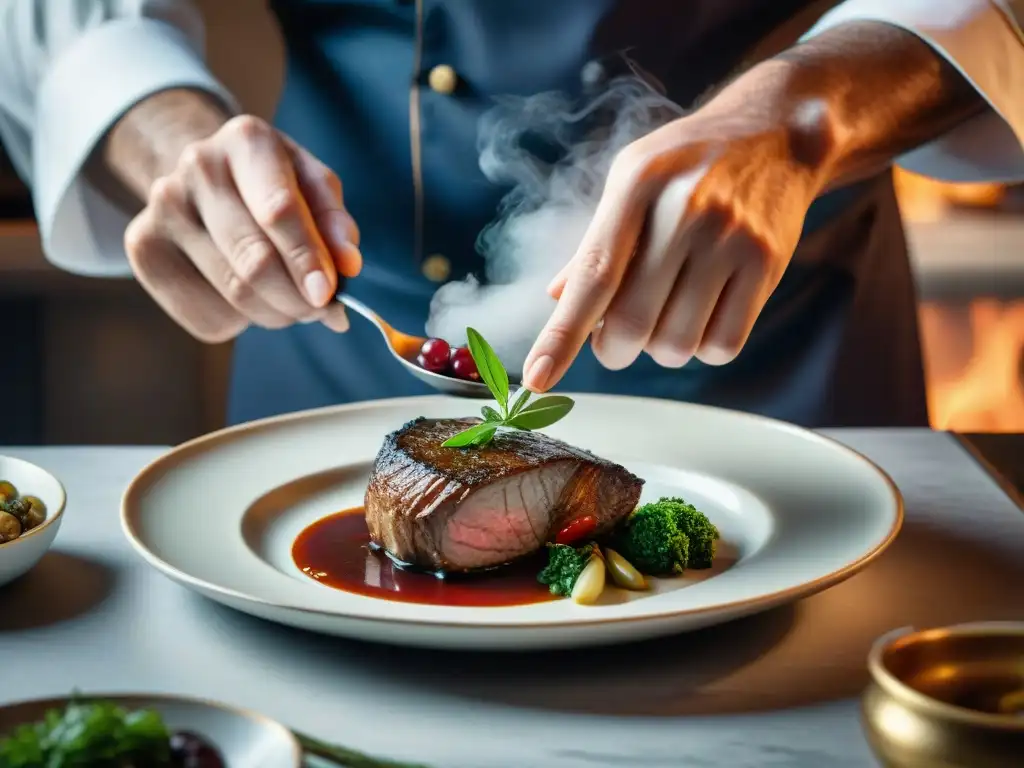 Un chef francés coloca una hoja de laurel en un Coq au Vin