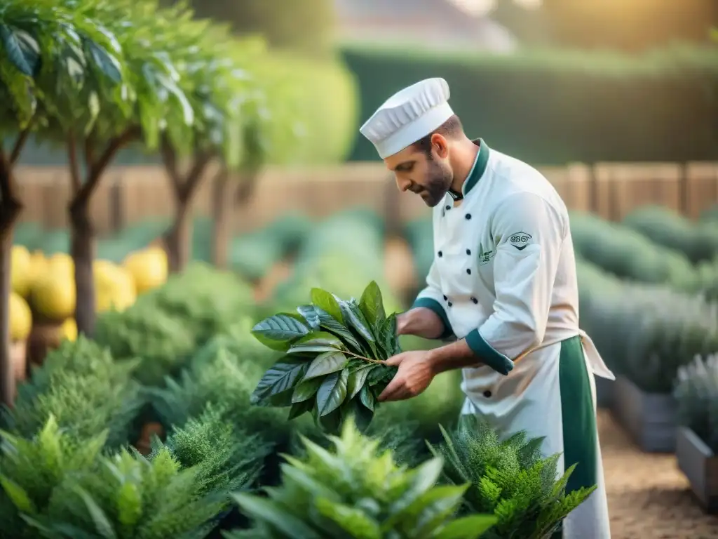 Un chef francés selecciona cuidadosamente hojas de laurel frescas en un jardín, mostrando los usos del laurel en cocina francesa