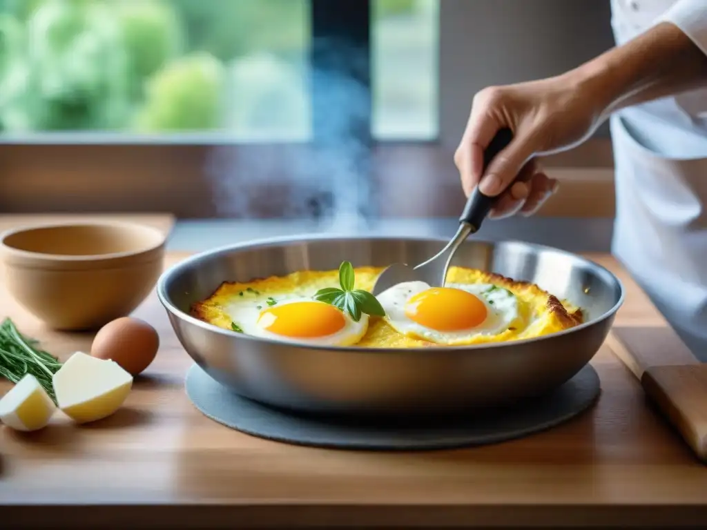 Un chef francés bate huevos en un bol de acero inoxidable en una cocina tradicional francesa con una receta tradicional de quiche francesa