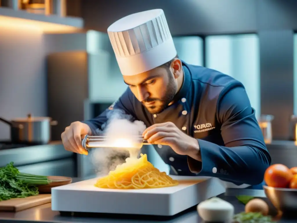 Un chef francés usa una impresora 3D en una cocina sofisticada, fusionando gastronomía y tecnología