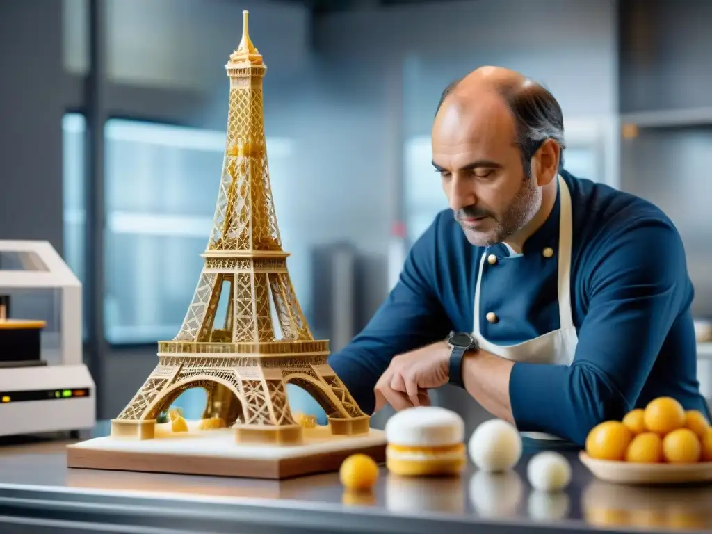 Un chef francés inspecciona una impresora 3D creando una escultura de azúcar de la Torre Eiffel