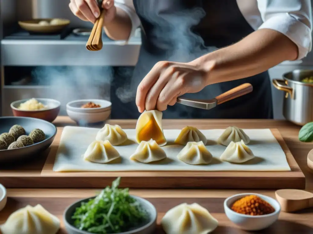 Un chef hábil preparando dumplings con influencia francesa y asiática en una cocina moderna, un crisol de sabores y técnicas culinarias