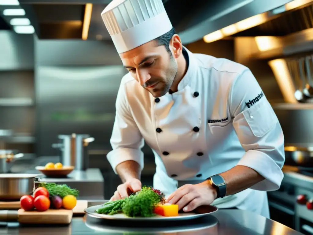 Chef francés influyente de la Nouvelle Cuisine creando un plato delicado en un estudio culinario moderno