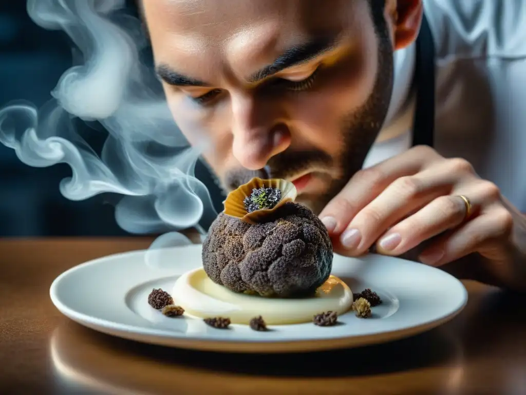 Un chef francés influyente delicadamente rallando una rara trufa negra sobre un exquisito plato en una cocina sofisticada