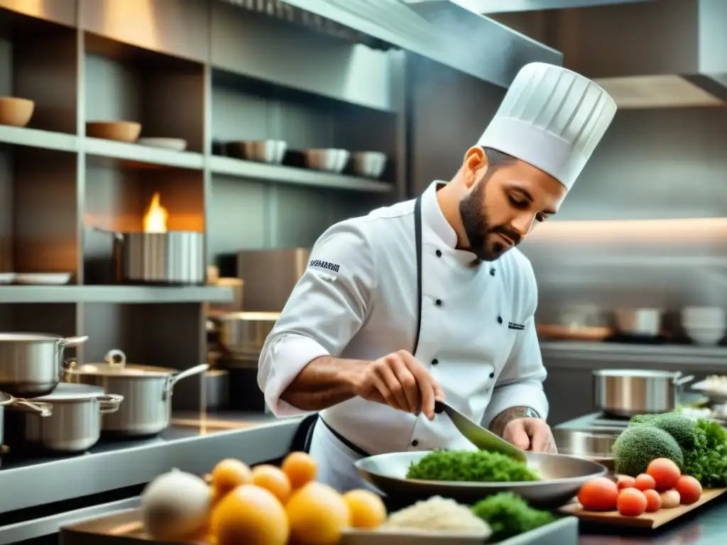 Un chef francés influyente preparando una sofisticada receta en una cocina moderna, rodeado de ingredientes exóticos y libros de cocina