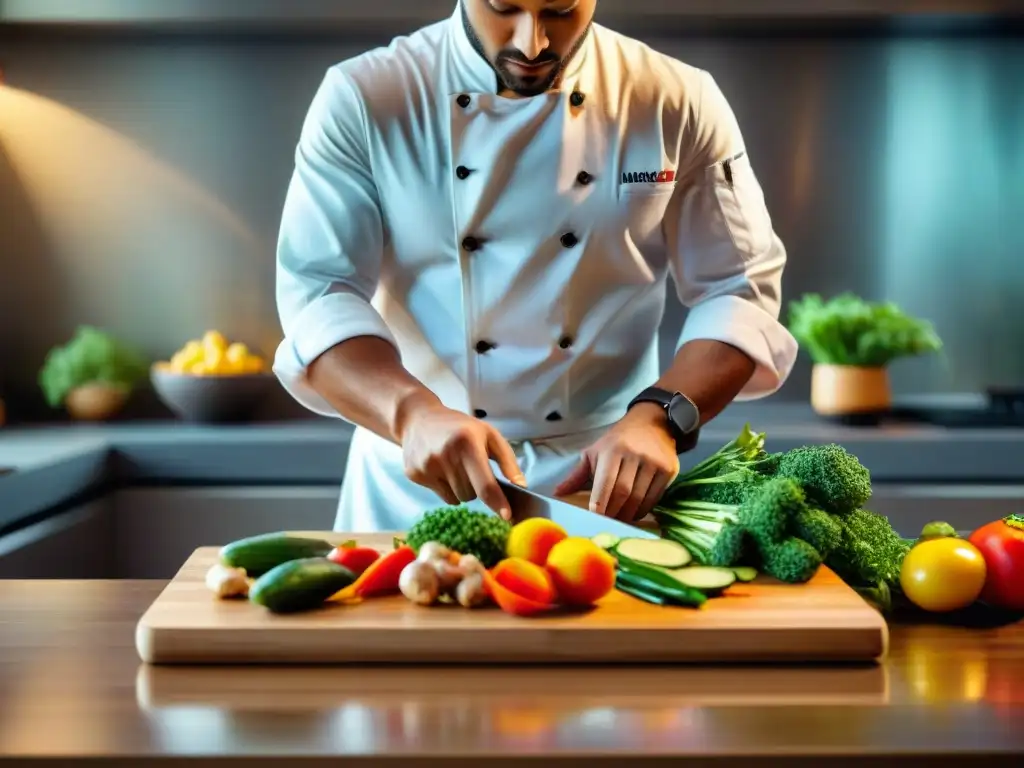 Un chef hábil fusiona ingredientes asiáticos y franceses en una cocina moderna