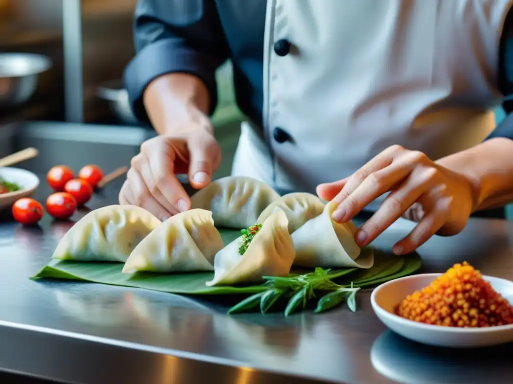 Un chef hábil fusionando ingredientes asiáticos y técnicas francesas en dumplings