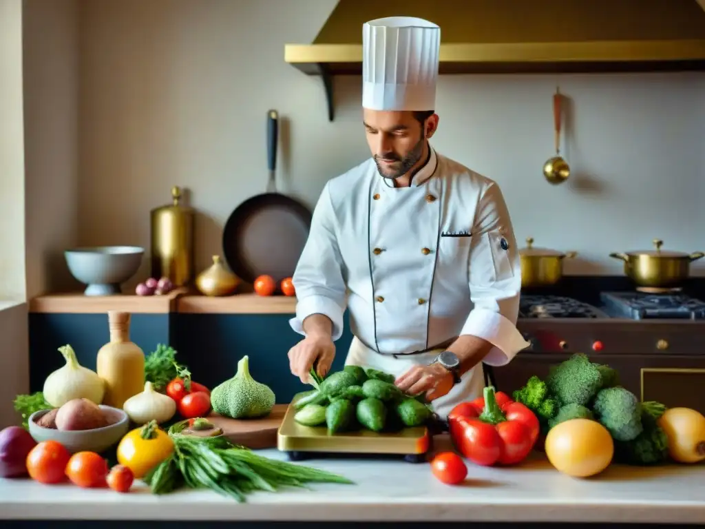 Chef francés mide ingredientes en báscula vintage en cocina tradicional