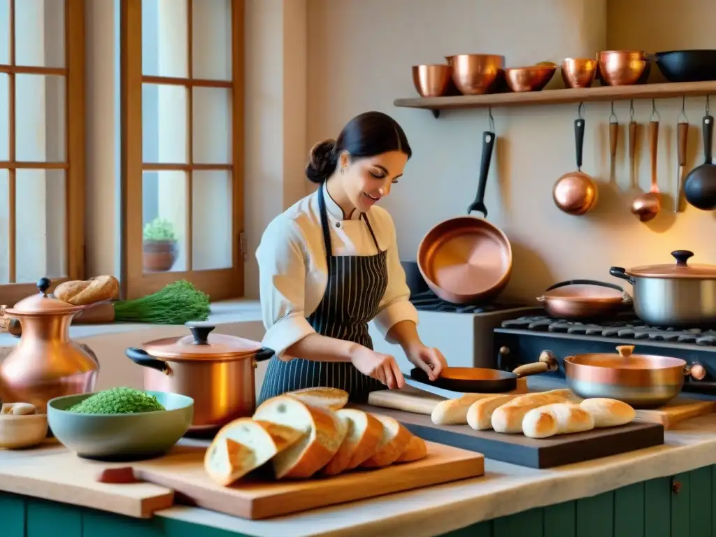 Un chef cortando ingredientes en una cocina francesa tradicional con herramientas digitales para cocina francesa