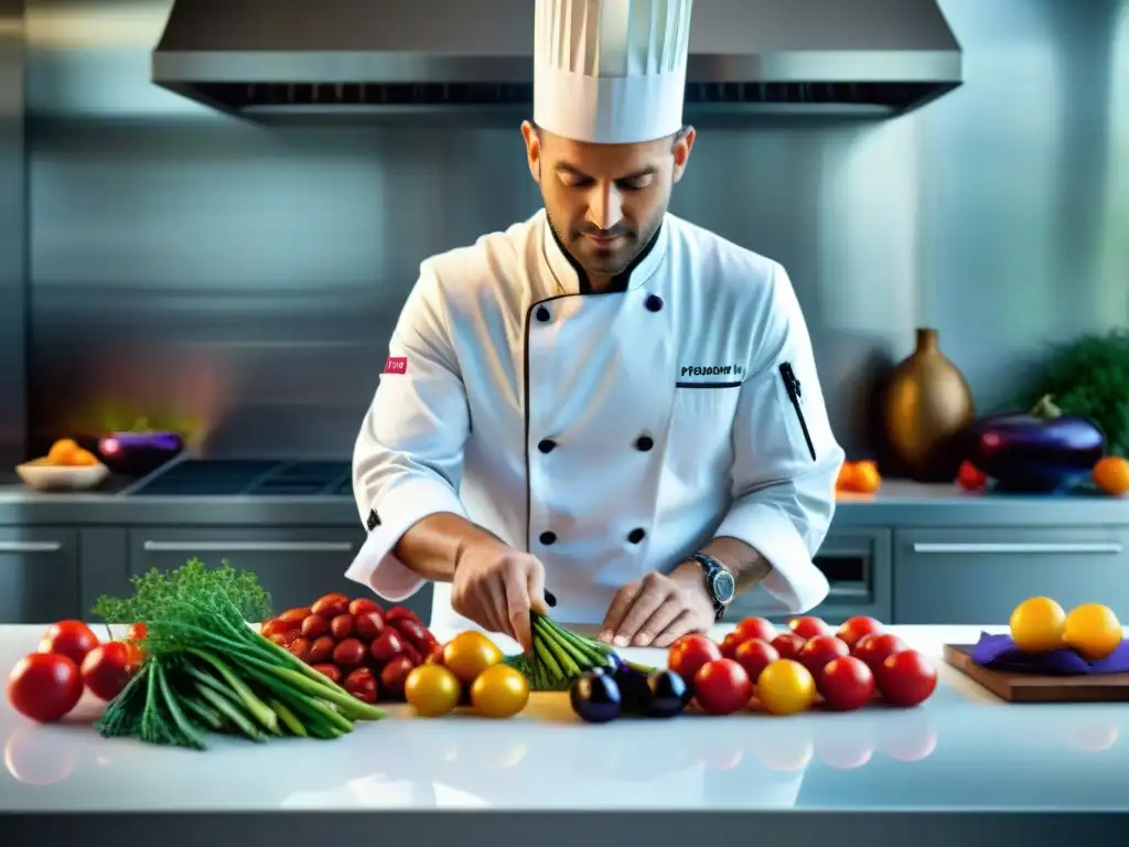 Un chef francés arregla ingredientes coloridos en una cocina moderna