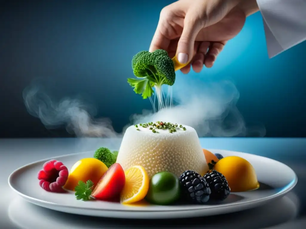 Arte culinario: chef crea plato vibrante con precisión Un chef armoniza ingredientes con destreza en un plato blanco, ejemplificando cómo presentar platos de forma armoniosa