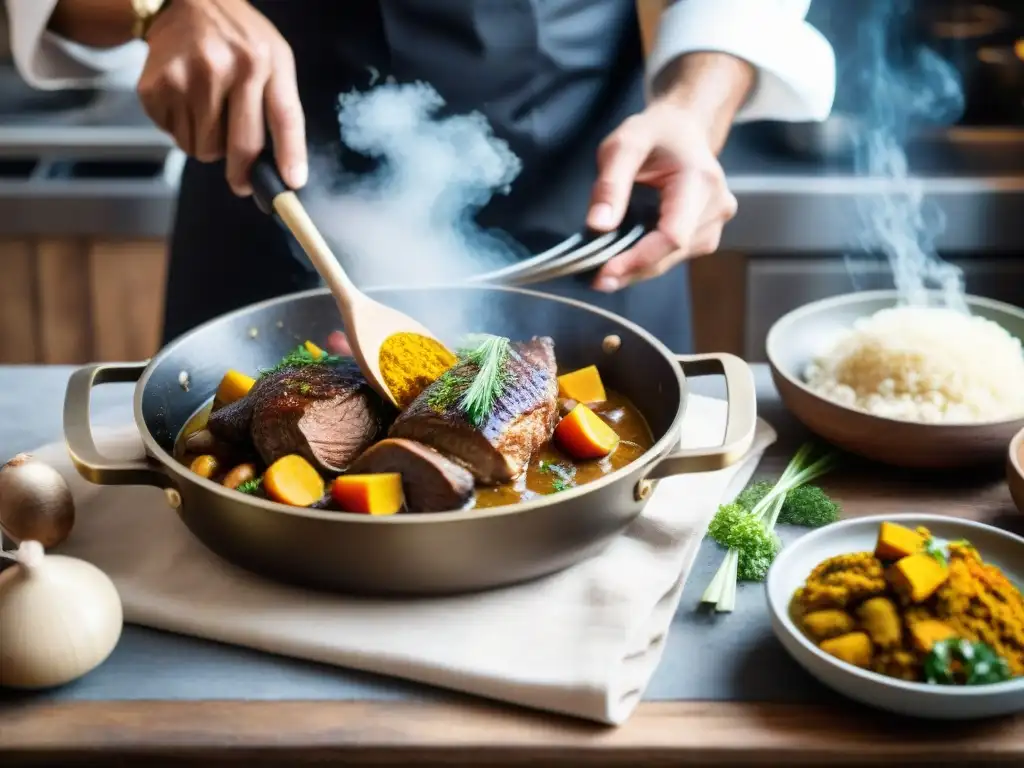 Un chef francés fusiona ingredientes exóticos en un Coq au Vin, en una cocina rústica