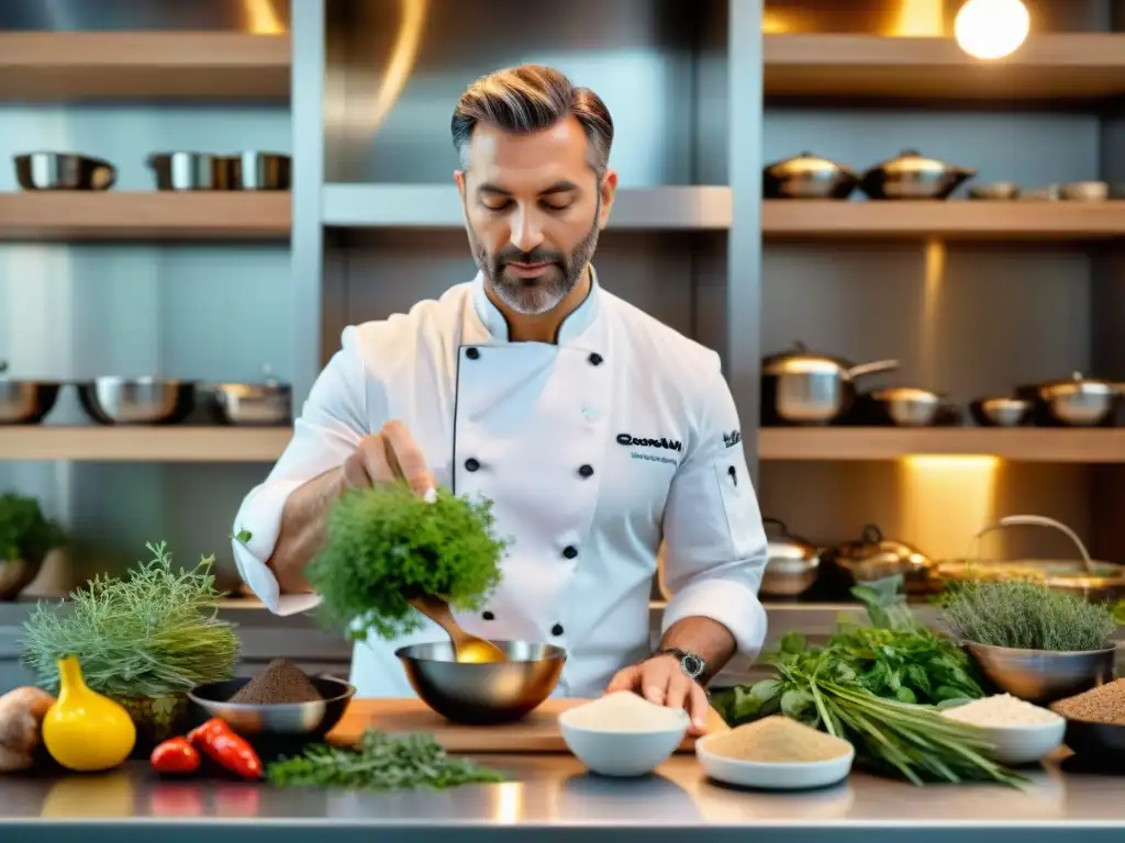 Chef experto fusionando sabores franceses y mediterráneos en cocina moderna Un chef hábil fusiona ingredientes franceses y mediterráneos en una cocina moderna