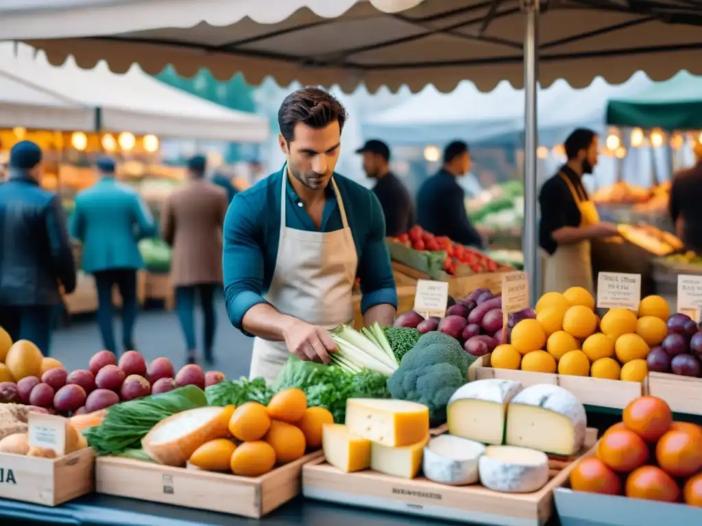 Un chef francés elige ingredientes frescos en un bullicioso mercado al aire libre en París, rodeado de coloridas frutas y verduras de temporada