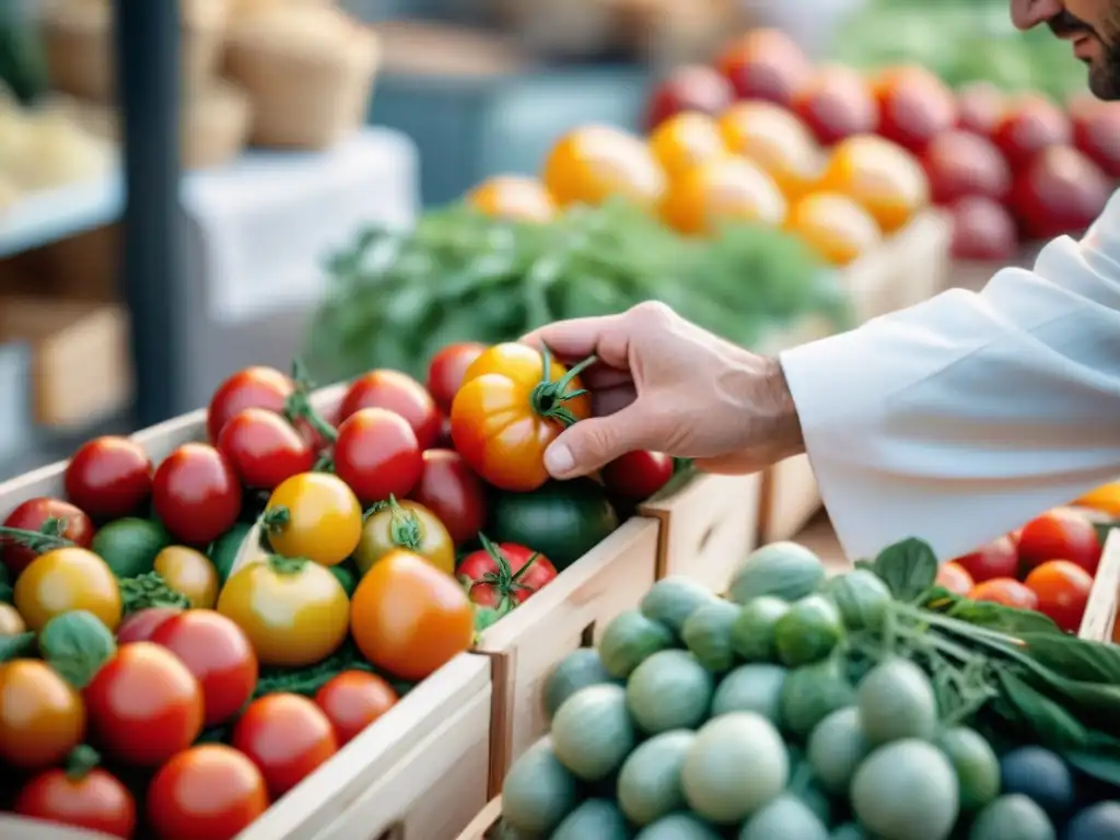 Un chef seleccionando ingredientes frescos en un bullicioso mercado francés