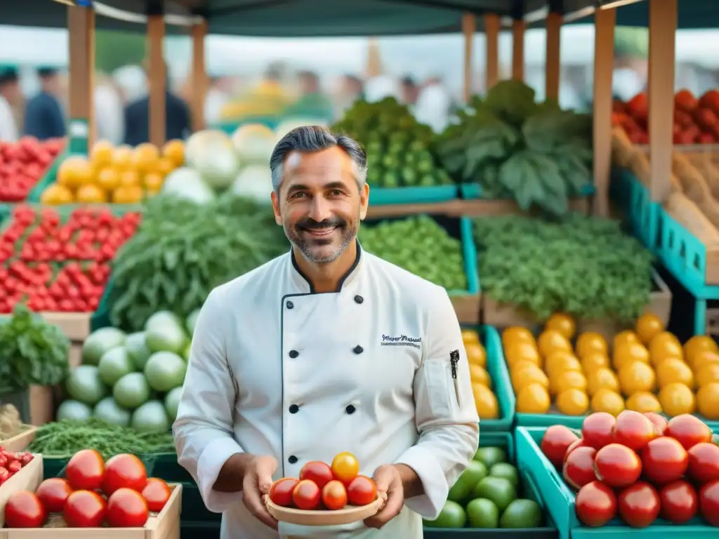 Chef en Borgoña seleccionando ingredientes frescos en el bullicioso mercado