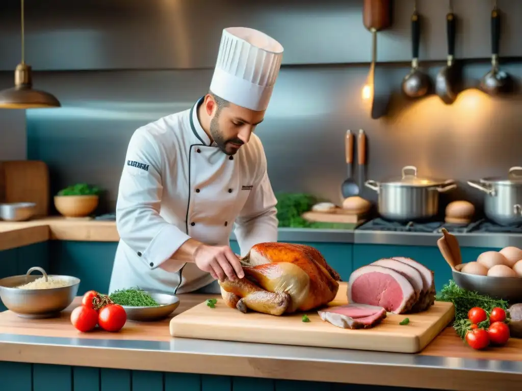 Un chef francés prepara ingredientes frescos de la gastronomía francesa en una cocina tradicional