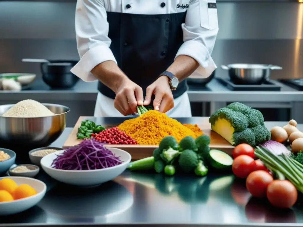 Un chef organiza meticulosamente ingredientes en mise en place