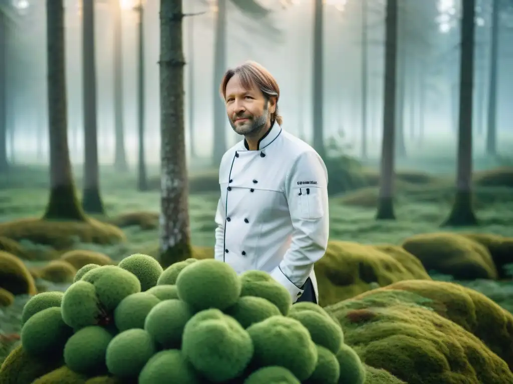 Chef francés René Redzepi inspecciona ingredientes nórdicos en el bosque, reflejando la influencia gastronomía francesa en cocina