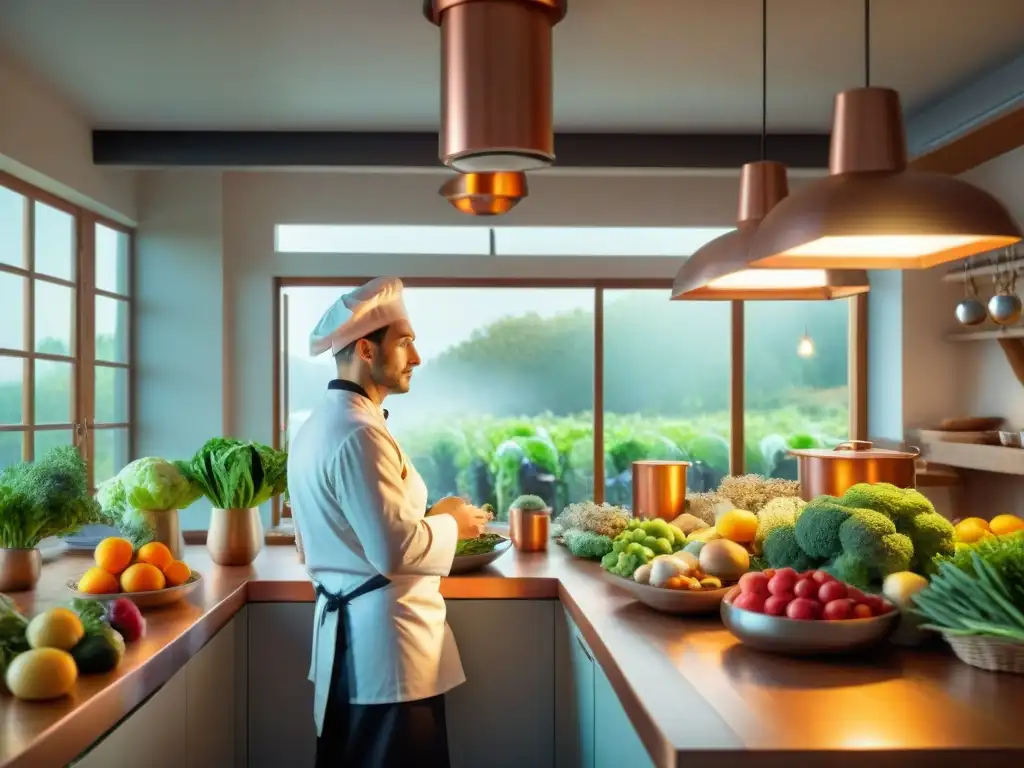 Chef francés seleccionando ingredientes orgánicos en cocina ecofriendly