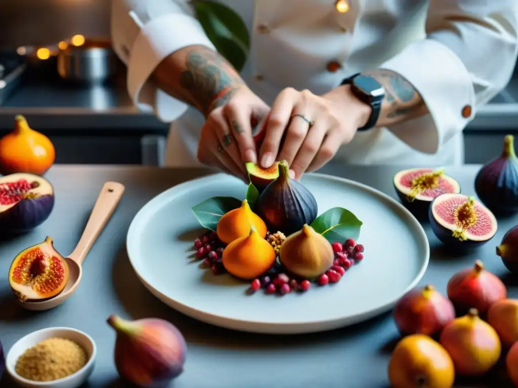 Un chef francés decora con precisión ingredientes otoñales en un plato, resaltando la decoración de platos gastronomía francesa