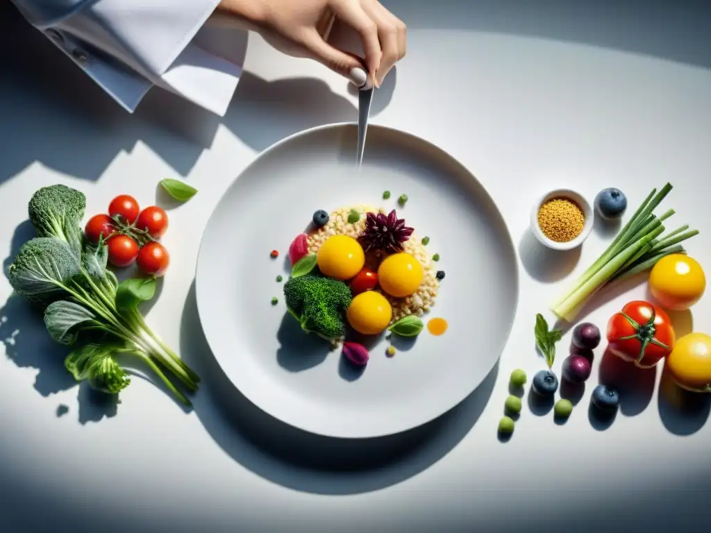 Un chef coloca ingredientes con precisión en un plato blanco, mostrando cómo la presentación influye en el sabor