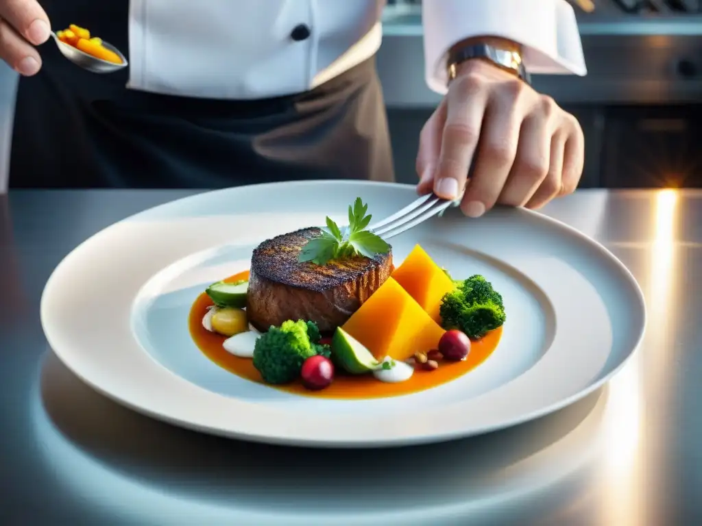 Chef experto creando obra culinaria vibrante en plato blanco Un chef arregla ingredientes con precisión en un plato blanco, mostrando cómo presentar platos de forma armoniosa