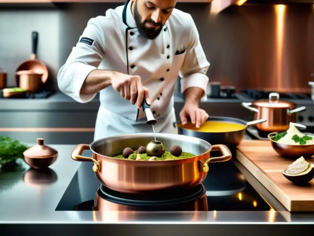 Un chef francés hábil fusiona ingredientes tradicionales con técnicas modernas en una cocina contemporánea