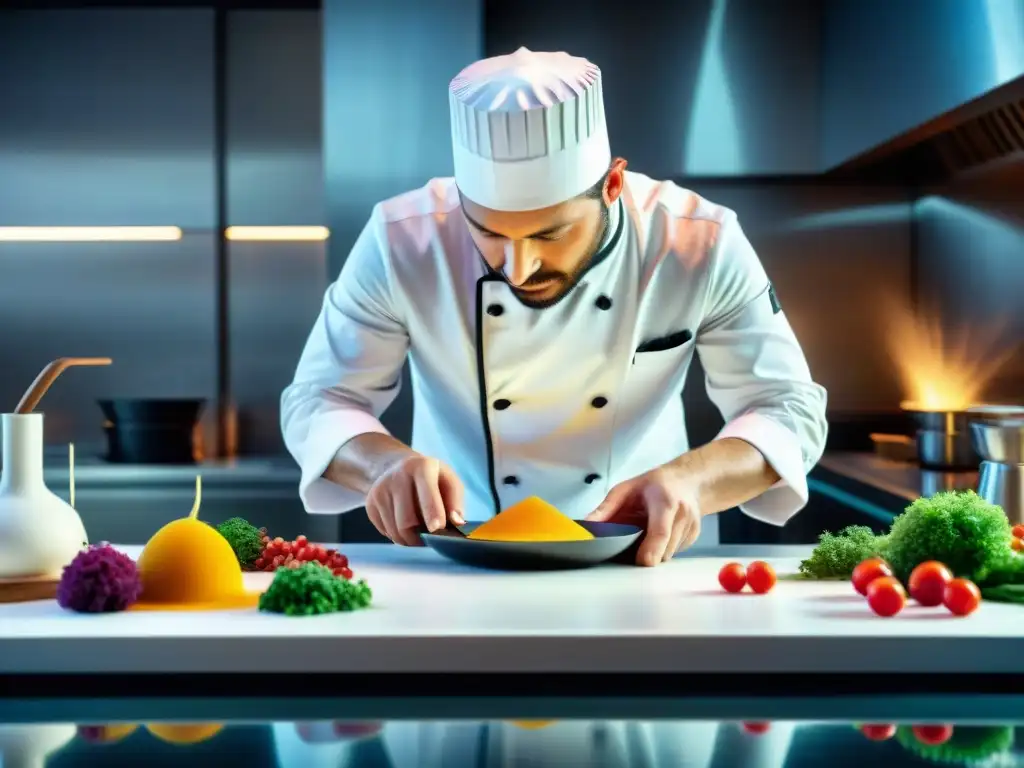 Chef francés fusionando innovaciones culinarias en cocina futurista