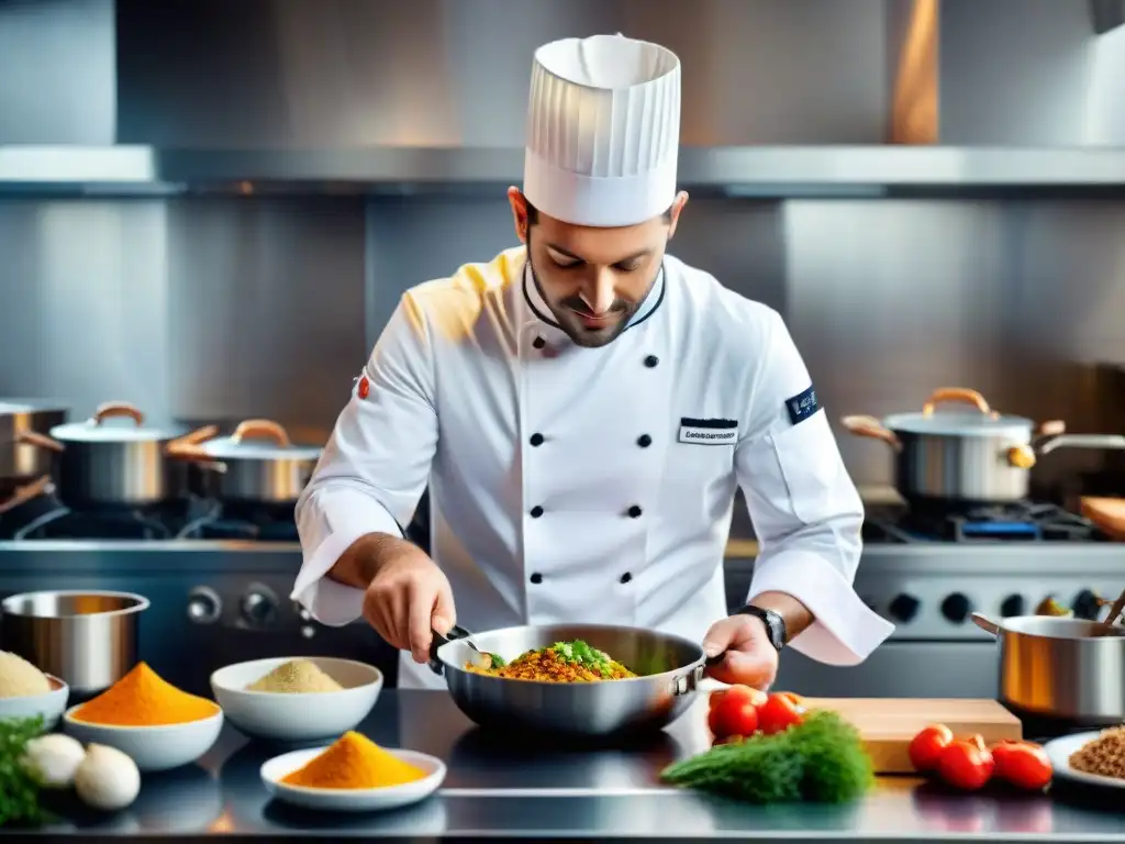 Chef francés preparando innovaciones culinarias francesas influenciadas en cocina moderna