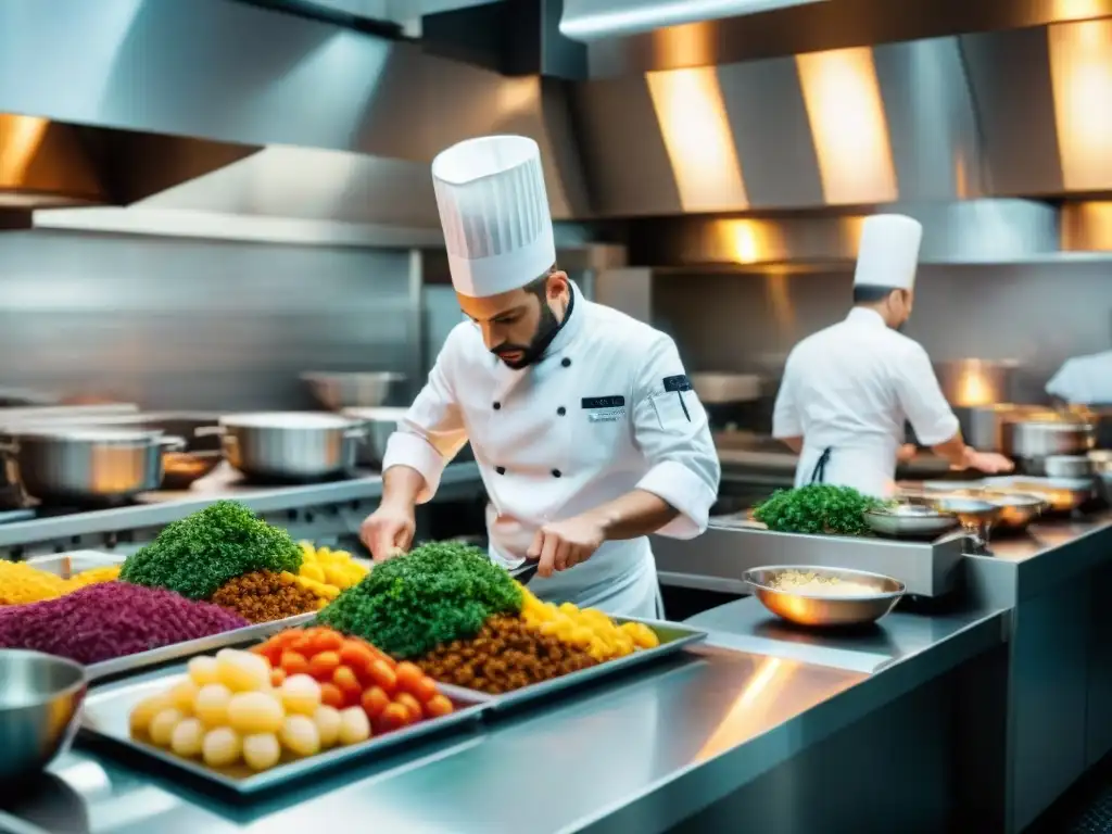 Chef preparando innovaciones gastronomía francesa influencia cultural en bulliciosa cocina de restaurante