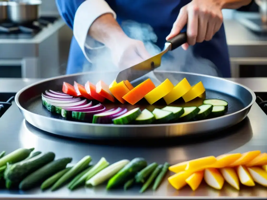 Chef francés innovador crea arte culinario con vegetales frescos en sartén caliente