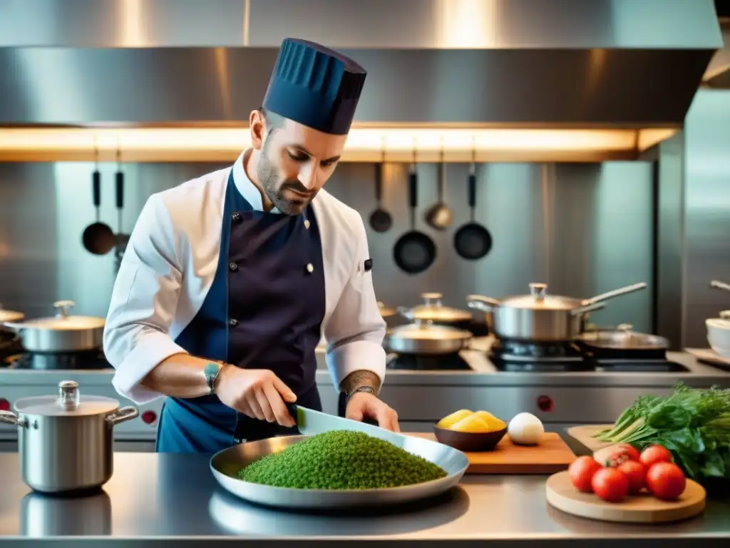 Un chef innovador en una cocina francesa moderna, fusionando tradición y tecnología