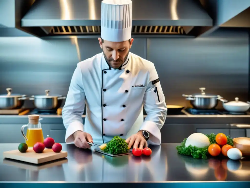 Un chef francés innovador en cocina moderna, creando plato vanguardista