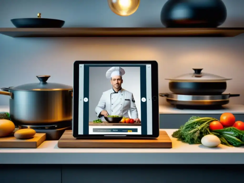 Chef francés innovador en cocina con tecnología avanzada, fusionando tradición y modernidad