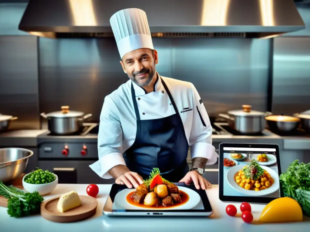 Un chef francés innovador en la cocina, combinando la tradición culinaria con tecnología de vanguardia