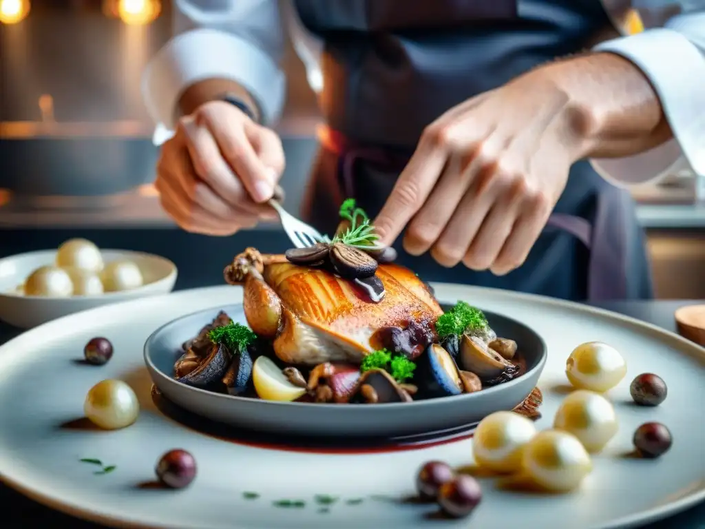 Un chef francés innovador prepara un exquisito coq au vin en una elegante cocina francesa