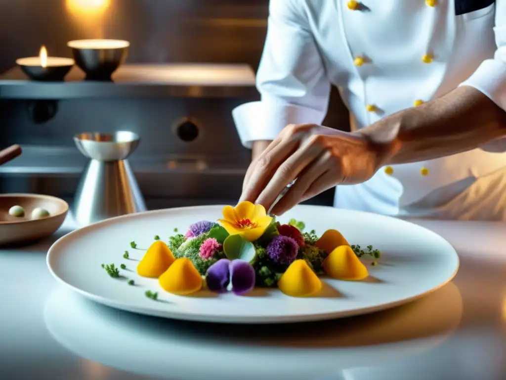 Un chef francés innovador en la gastronomía, arregla flores comestibles con precisión en un plato blanco